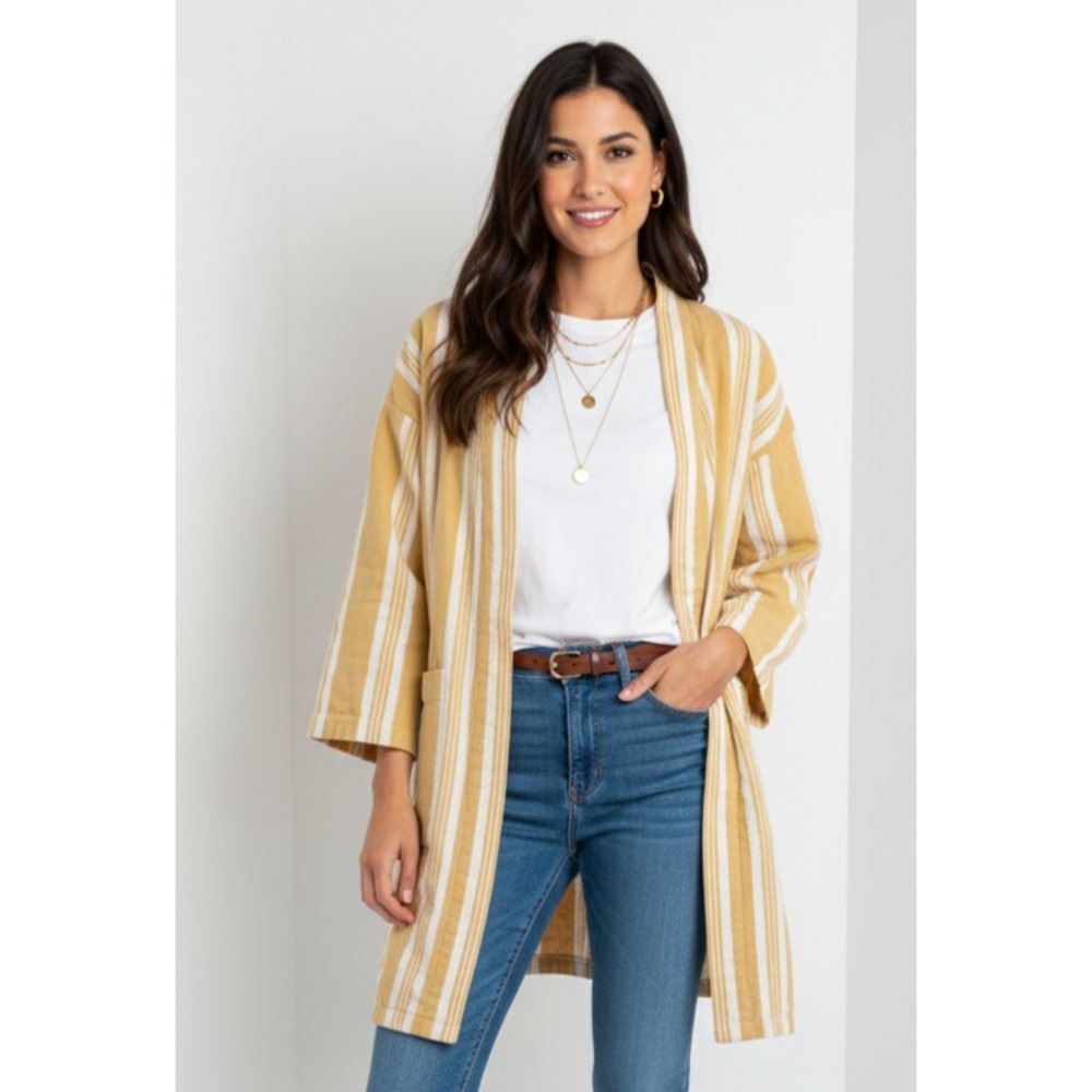 Eileen Fisher Reed Kimono Jacket Women Small Yellow White Organic Cotton Striped